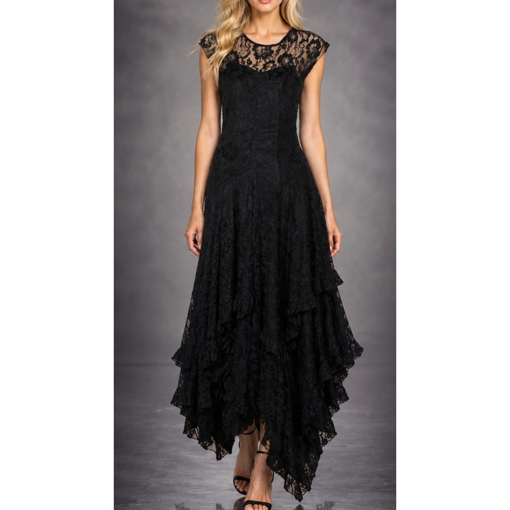 Frederick's of Hollywood Dress Black Lace Sheer Illusion Corset Top USA Size 5/6
